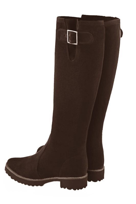 Dark brown women's knee-high boots with buckles. Round toe. Flat rubber soles. Made to measure. Rear view - Florence KOOIJMAN